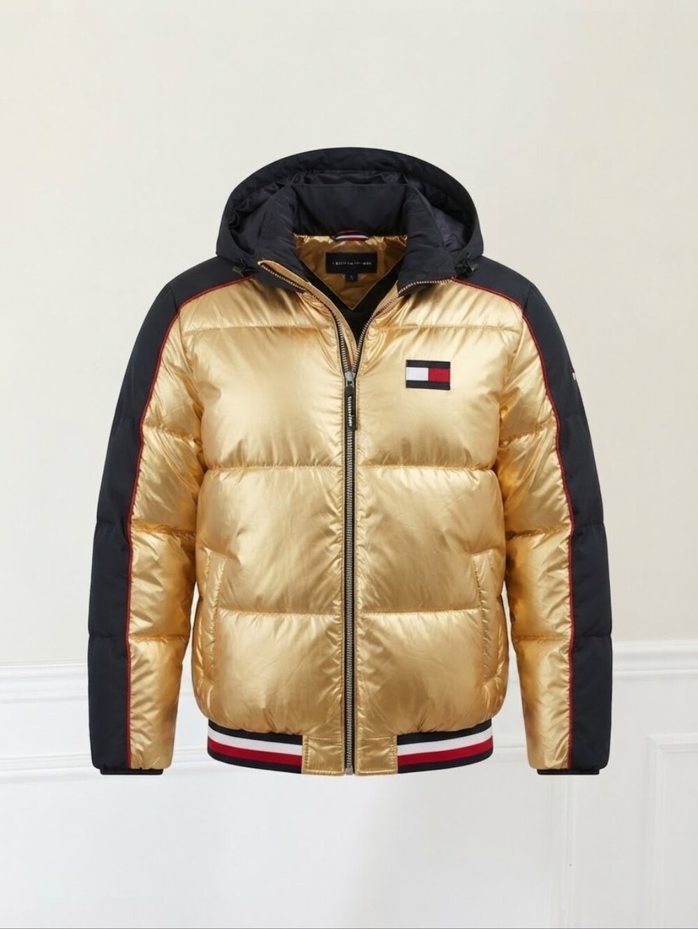 Rare Vtg Tommy Hilfiger Mens Large Gold Black Puffer Jacket Hood - Picture 3 of 8